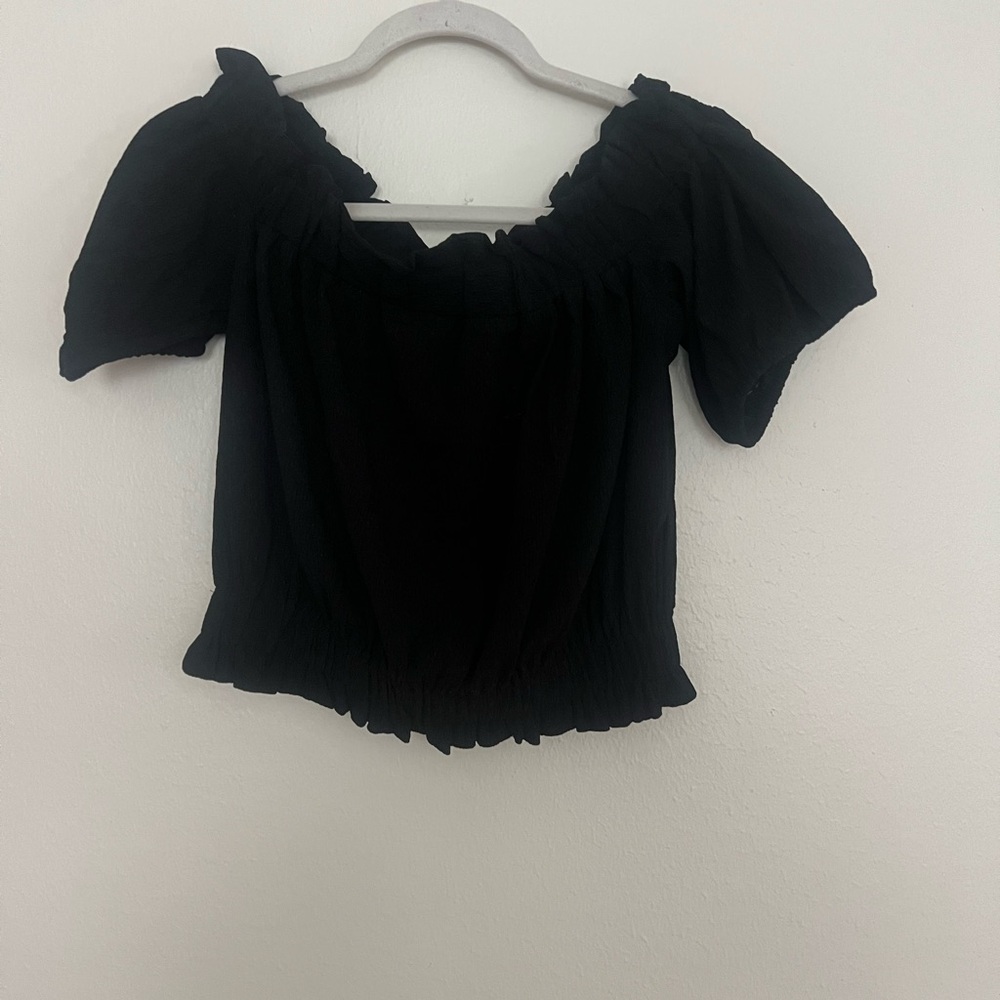 LOFT Black Smocked Off-Shoulder Crop Top